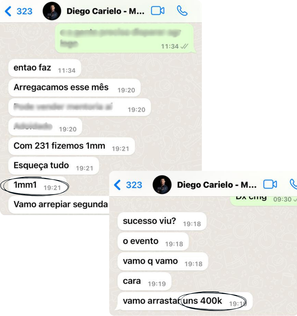 Depoimento de Diego Carielo: arregaçamos esse mês, 1mm fechado. Vamos arrastar uns 400k semana que vem.