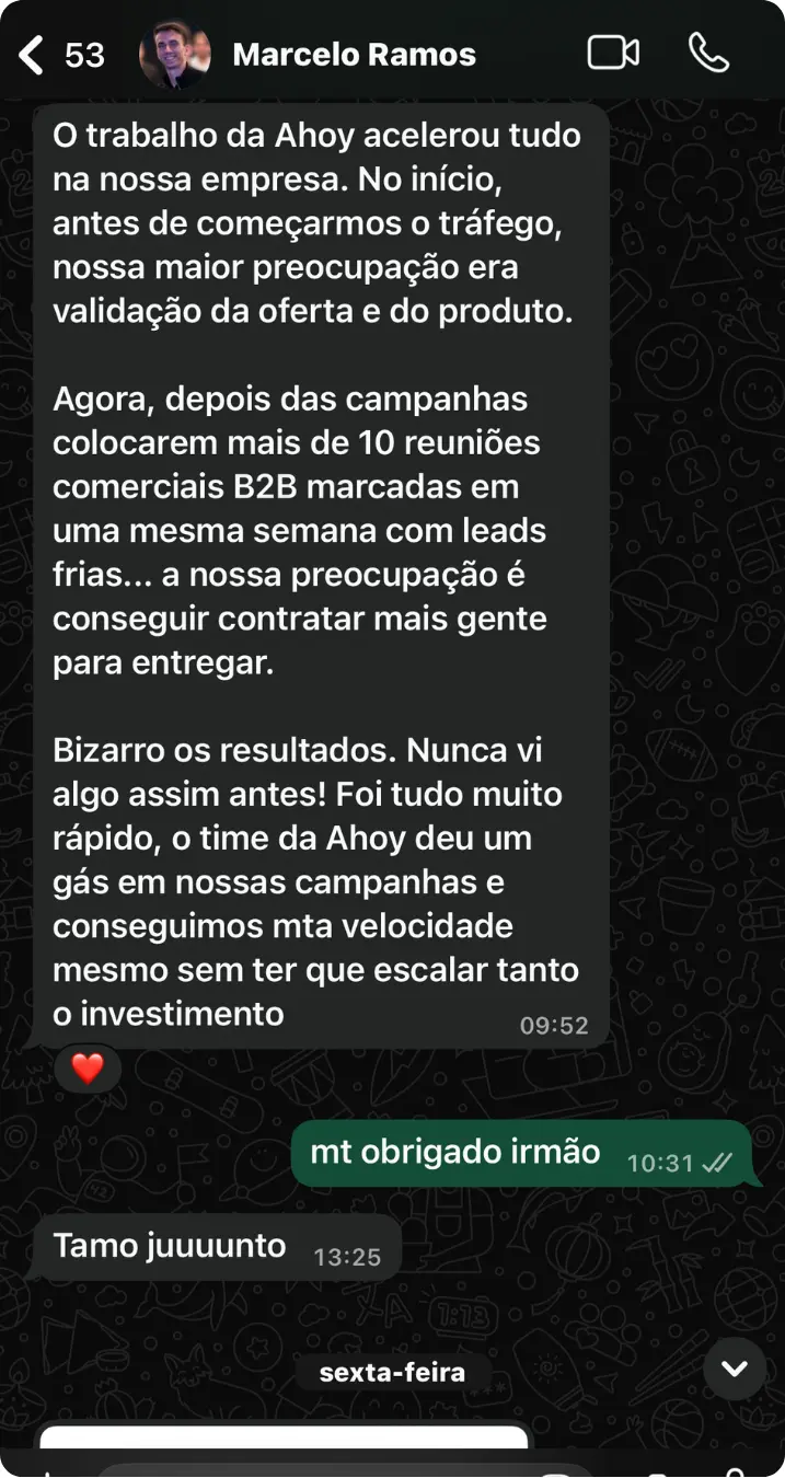 Depoimento de Marcelo Ramos: campanhas colocaram mais de 10 reuniões comerciais B2B em uma semana.